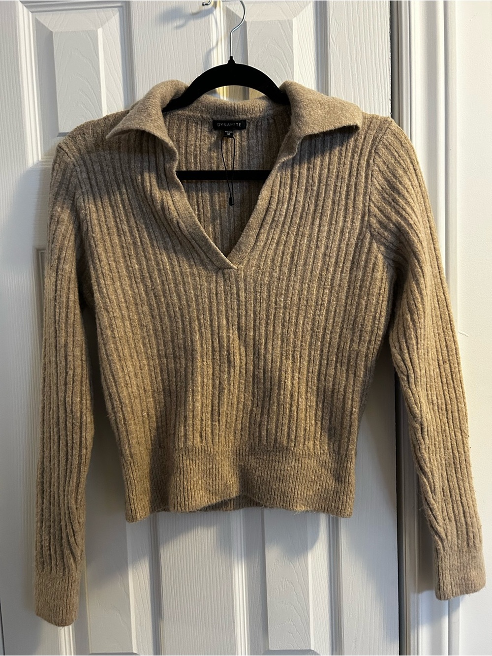 Dynamite Ribbed V-Neck Collared Sweater in Tan - Picture 1 of 2